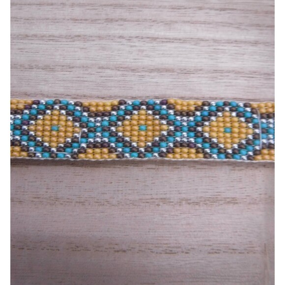 Loom Beaded Bracelet Teal & Brown on Leather - Picture 3 of 5